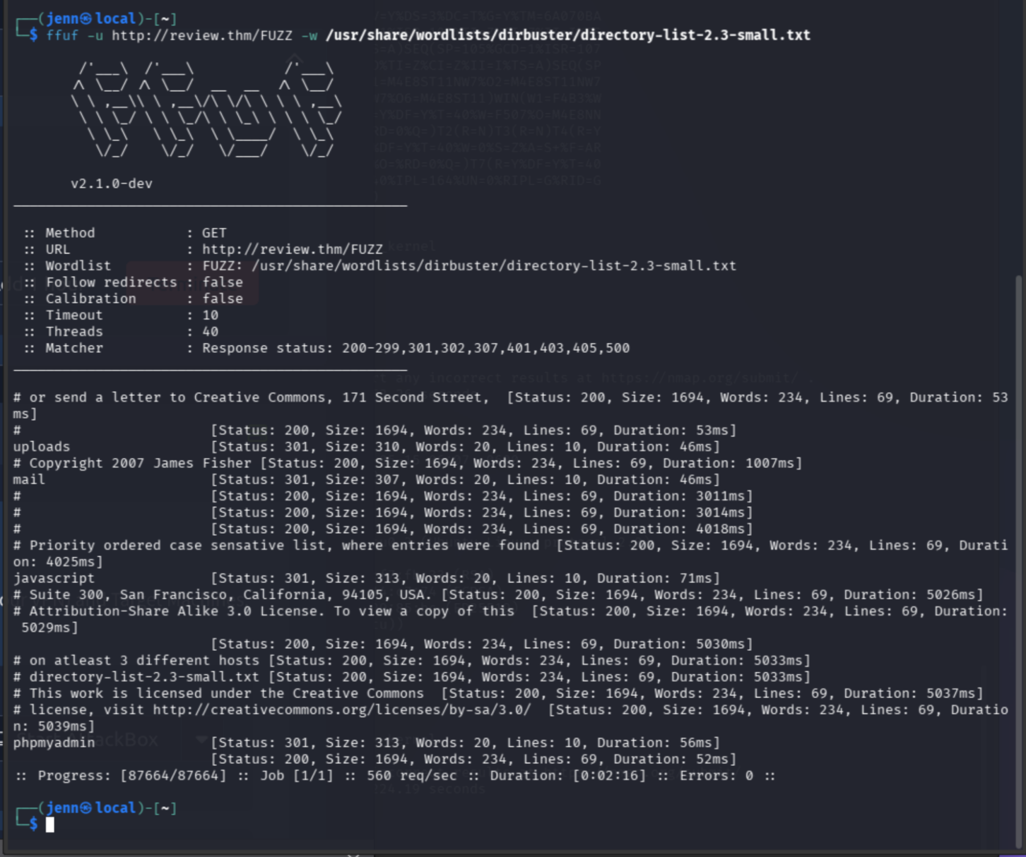 ffuf directory fuzzing results